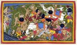 A scene from the Ramayana, an ancient Sanskrit epic. Depicted here are several stages of the War of Lanka, with the monkey army of the protagonist Rama (top left, blue figure) fighting the demon army of the king of Lanka, Ravana, to save Rama's kidnapped wife Sita. The three-headed figure of the demon general Trisiras occurs in several places – most dramatically at the bottom left, where he is shown beheaded by Hanuman.<br/><br/>

Sahibdin (fl. 17th century) was an Indian miniature painter of the Mewar school of Rajasthan painting. He was one of the dominant painters of the era, and one of the few whose name is still known today. Sahibdin was a Muslim, but that kept neither his Hindu patrons from employing him, nor him from composing Hindu-themed works of great value.<br/><br/>

Among his surviving works are a series of musically themed 'ragamala' from 1628; a series on the scriptural text Bhagavata Purana from 1648; and illustrations to the sixth book of the Hindu epic Ramayana – the Yuddha Kanda – from 1652. His style can be seen to continue the figure style of the Gujarati era, while also incorporating new elements, like mountainous terrains, from Mughal art.